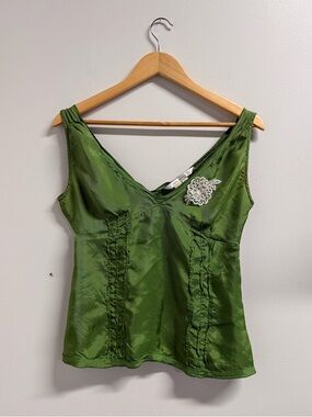 Zara Green Satin V-Neck Tank Top with Floral Applique